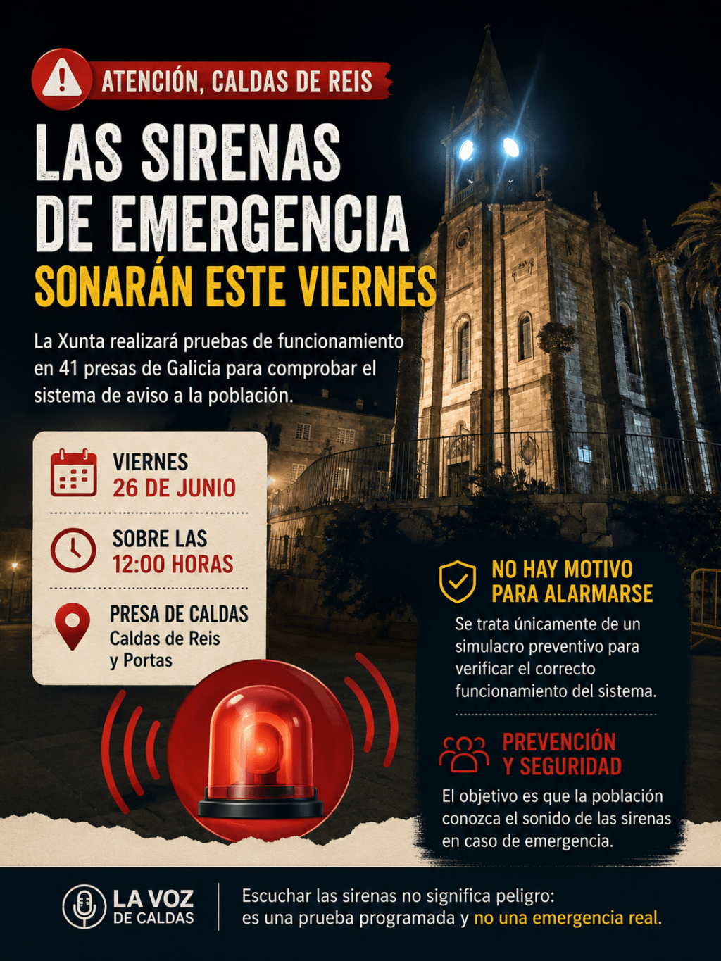 Caldas de Reis escuchará las sirenas de emergencia este viernes: qué significan y por qué no hay motivo para alarmarse